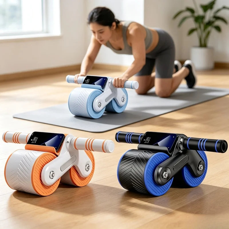 Auto Rebound Double Wheel Ab Roller with Phone Holder, Non-Slip Core Workout Equipment for Fitness Beginners