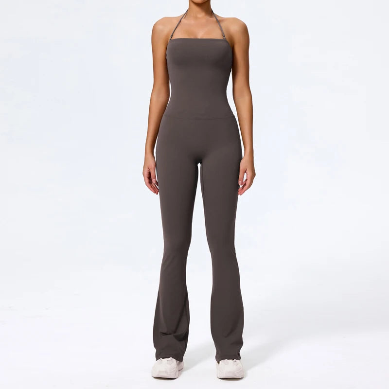 New Summer Women Sleeveless Yoga Jumpsuit Female Gym Flared Overalls Neck-hanging Backless Sportswear Sport Outfit For Woman