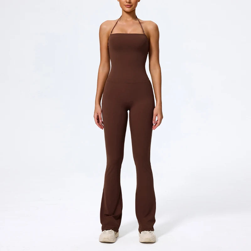 New Summer Women Sleeveless Yoga Jumpsuit Female Gym Flared Overalls Neck-hanging Backless Sportswear Sport Outfit For Woman