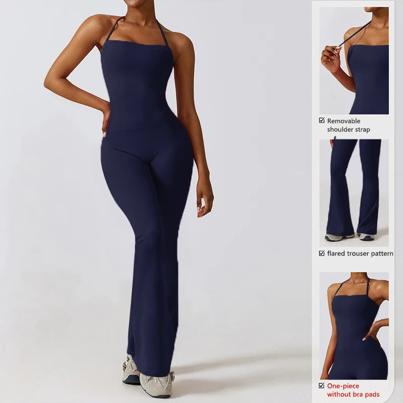 New Summer Women Sleeveless Yoga Jumpsuit Female Gym Flared Overalls Neck-hanging Backless Sportswear Sport Outfit For Woman
