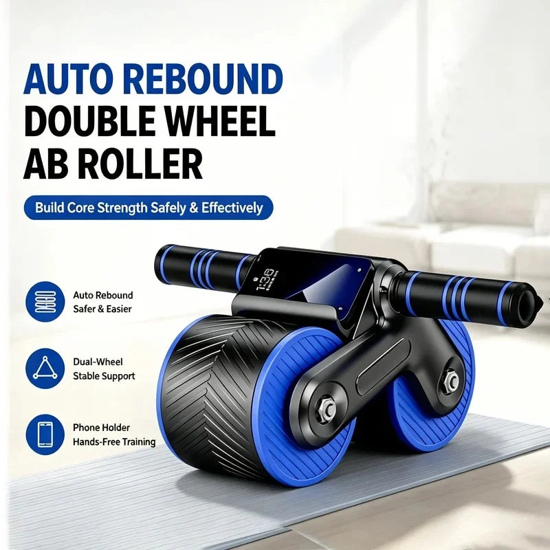 Auto Rebound Double Wheel Ab Roller with Phone Holder, Non-Slip Core Workout Equipment for Fitness Beginners