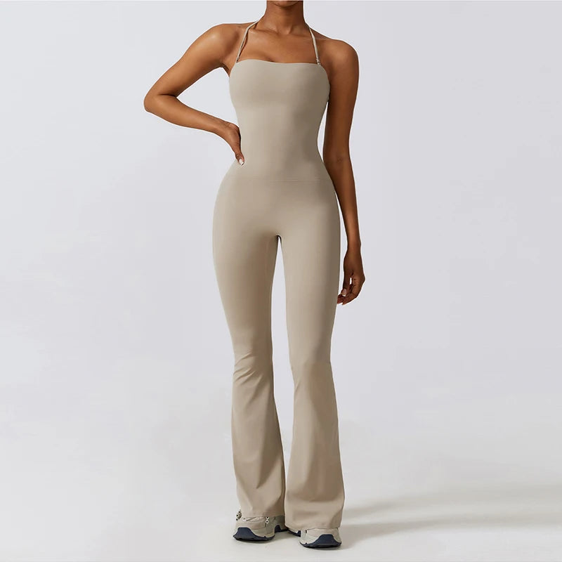 New Summer Women Sleeveless Yoga Jumpsuit Female Gym Flared Overalls Neck-hanging Backless Sportswear Sport Outfit For Woman