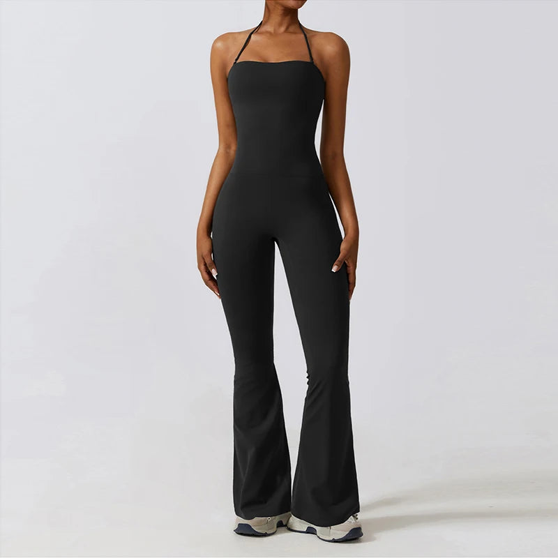 New Summer Women Sleeveless Yoga Jumpsuit Female Gym Flared Overalls Neck-hanging Backless Sportswear Sport Outfit For Woman