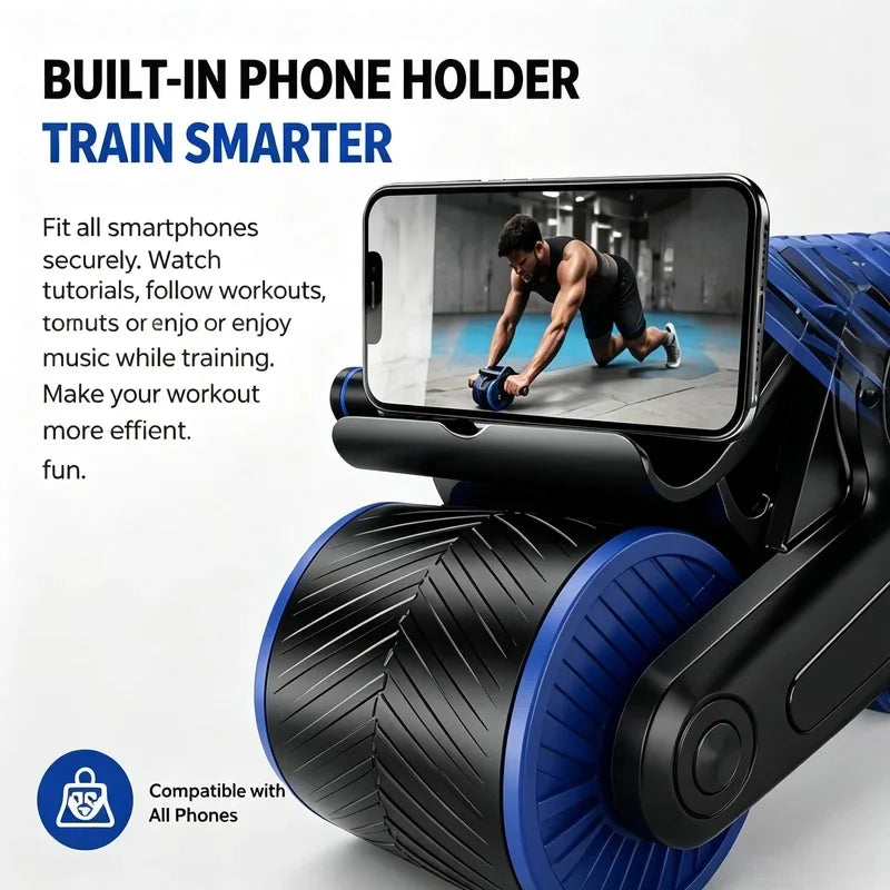 Auto Rebound Double Wheel Ab Roller with Phone Holder, Non-Slip Core Workout Equipment for Fitness Beginners