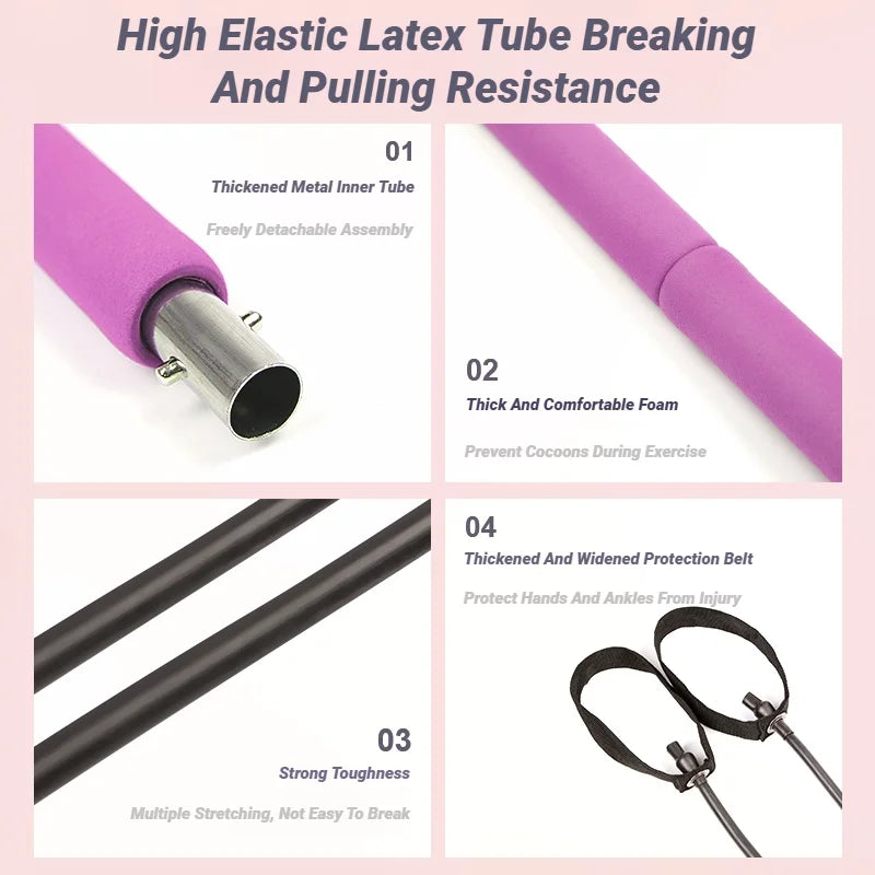 Pilates Stick - Adjustable Fitness Bar for Home Workout, Yoga, Stretching & Toning - Portable Exercise Rod with Elastic Bands