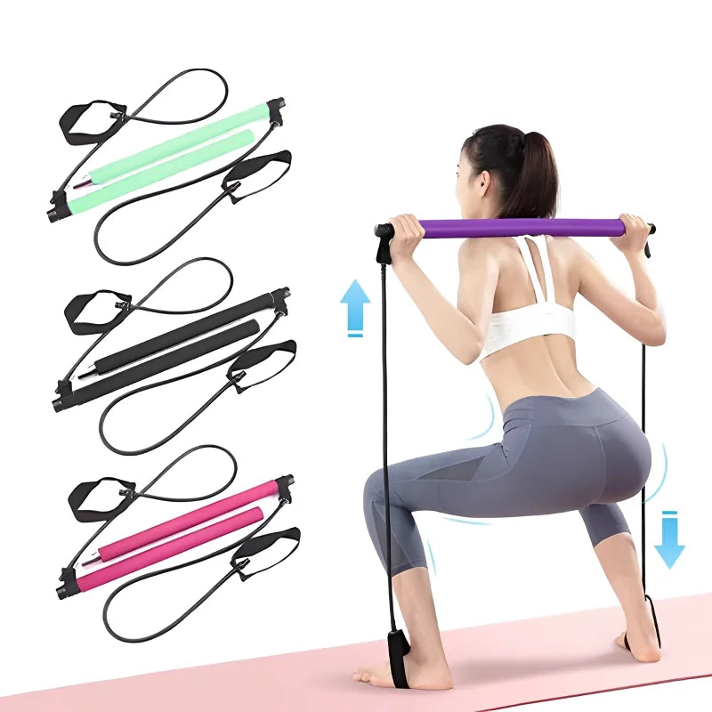 Pilates Stick - Adjustable Fitness Bar for Home Workout, Yoga, Stretching & Toning - Portable Exercise Rod with Elastic Bands