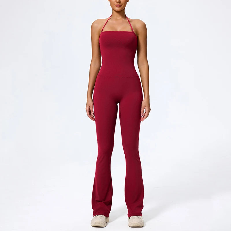 New Summer Women Sleeveless Yoga Jumpsuit Female Gym Flared Overalls Neck-hanging Backless Sportswear Sport Outfit For Woman